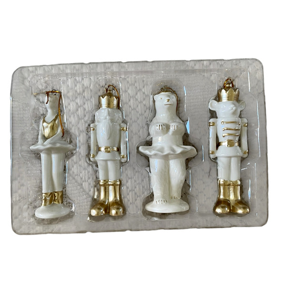 4pc Becky Owens NUTCRACKER BALLET Ceramic Christmas Ornaments 5" Gold & White - Picture 2 of 6